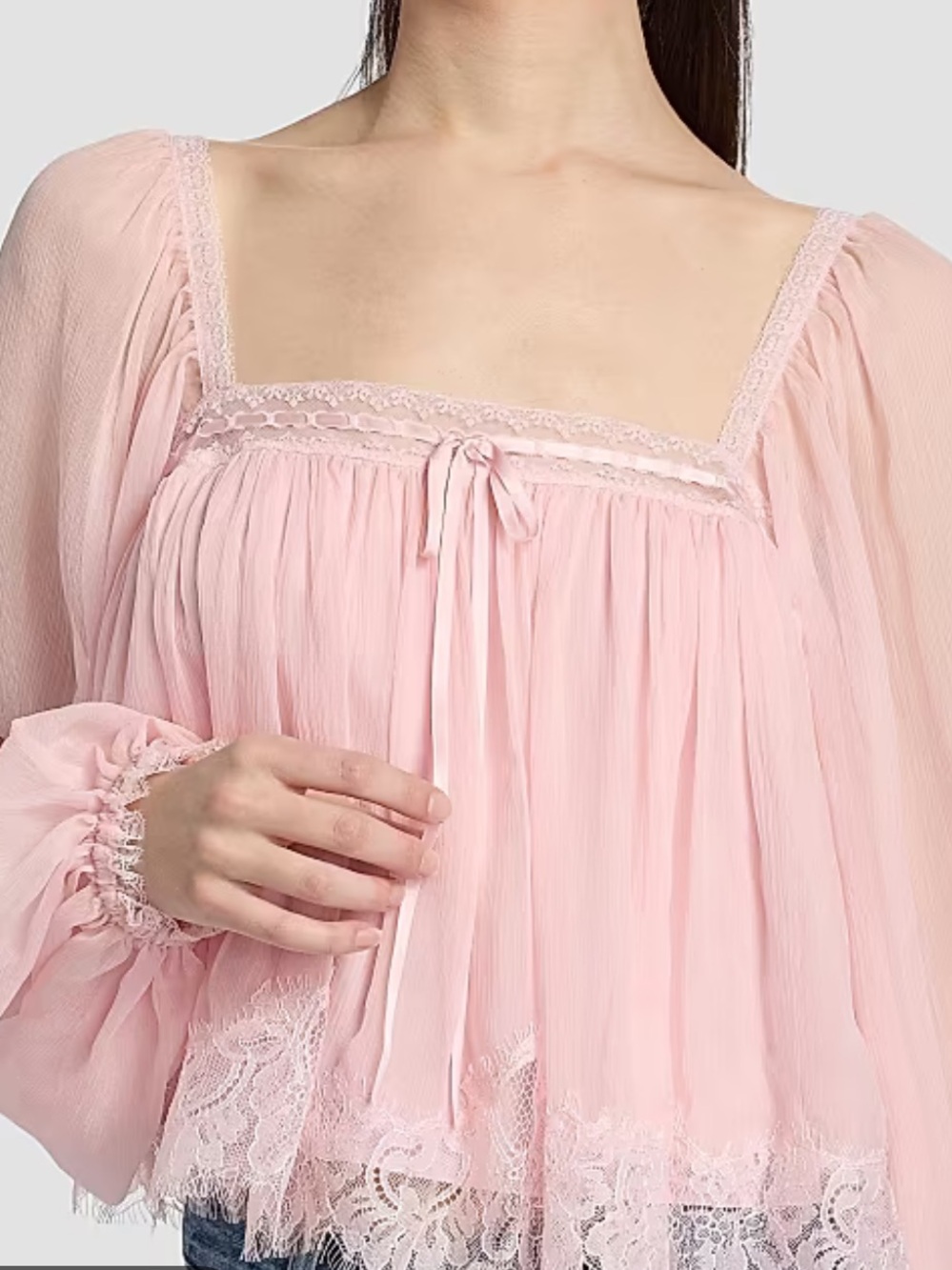 LoveShackFancy LNWT Ebbie Silk Pleated Blouse Soft Pink Lace-Trim Peasant Top M